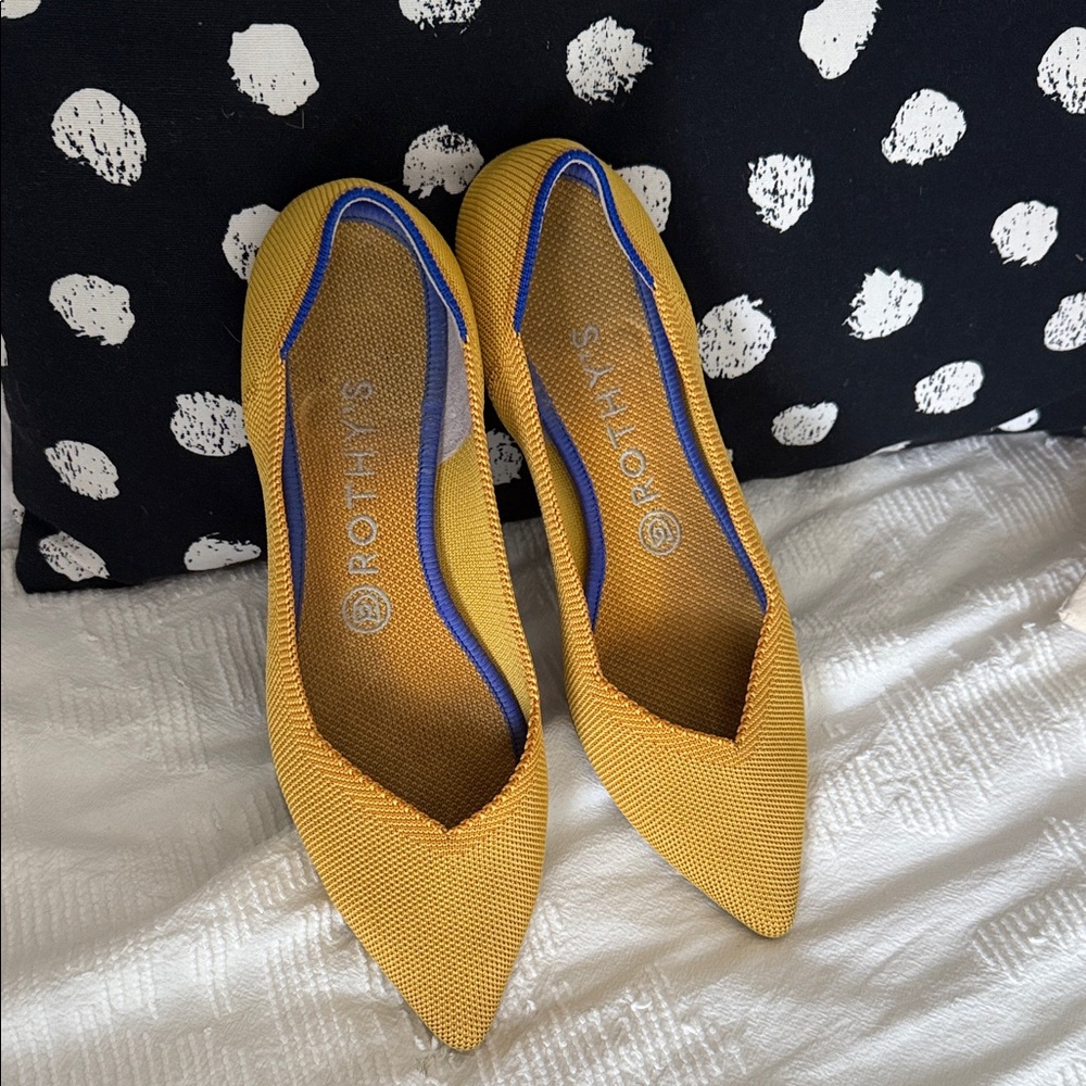 Rothy's Mustard Yellow Flats with Blue Trim